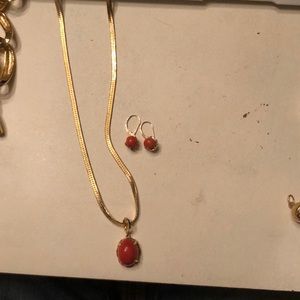 14K gold orange corral Necklace/earring set